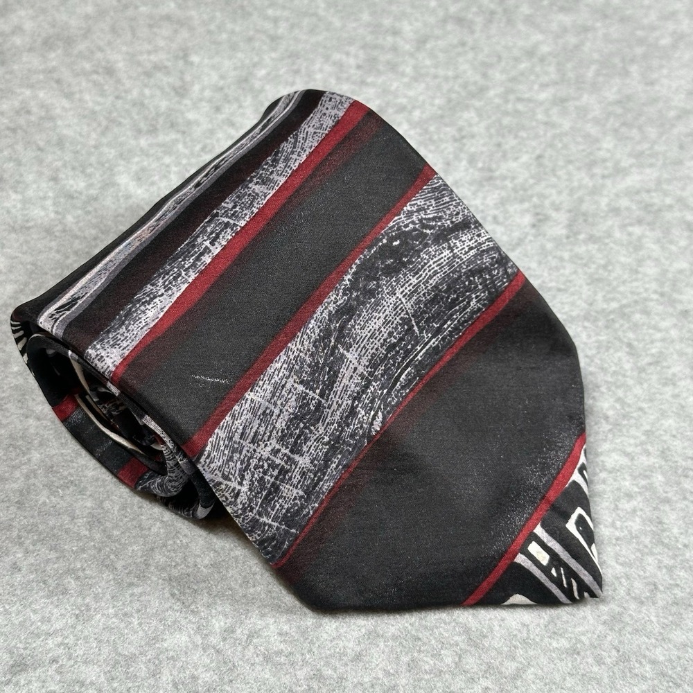 Vintage Oleg Cassini Silk Tie Black Red Gray Stripe USA Made Designer‎ Necktie